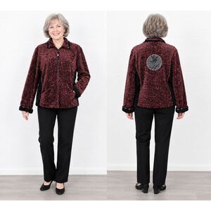 K.D.Spring M L Burgundy Black Chenille Asian Themed Zip Front Casual Jacket